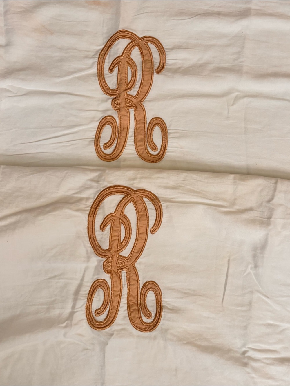 Embroidered R Monogram Pillow Sham Set in Cream with Tan Monogram